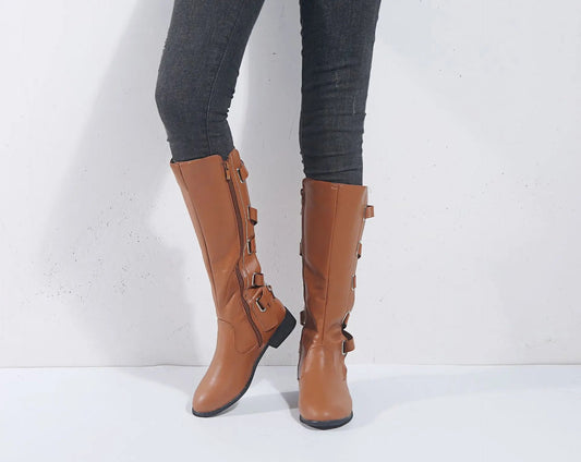 Kara Women’s Knee High Boots with Gold Buckle Accents and Low Block Heel 1