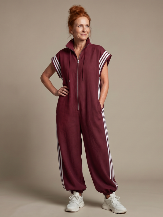 Lark Women's Jumpsuit with Zip Front and Side Stripe Panels 0