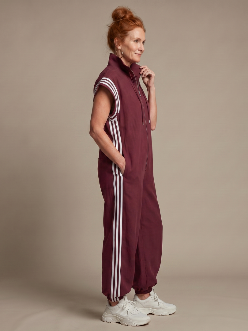 Lark Women's Jumpsuit with Zip Front and Side Stripe Panels 1
