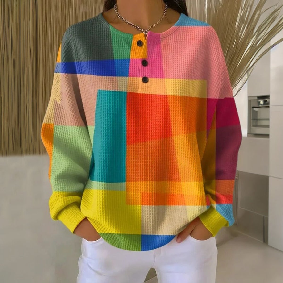 Liora Women's Sweatshirt | Colorful Waffle Knit, Crew Neck, Button Placket 1