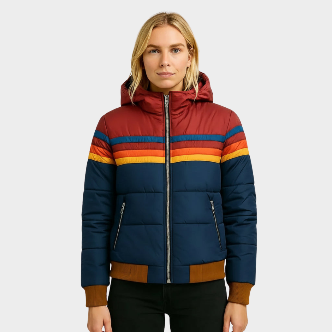 Luxe Women's Puffer Jacket | Insulated Retro Stripe, Hooded Design 0