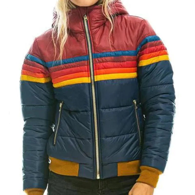 Luxe Women's Puffer Jacket | Insulated Retro Stripe, Hooded Design 1