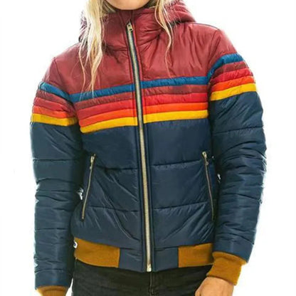 Luxe Women's Puffer Jacket | Insulated Retro Stripe, Hooded Design 1
