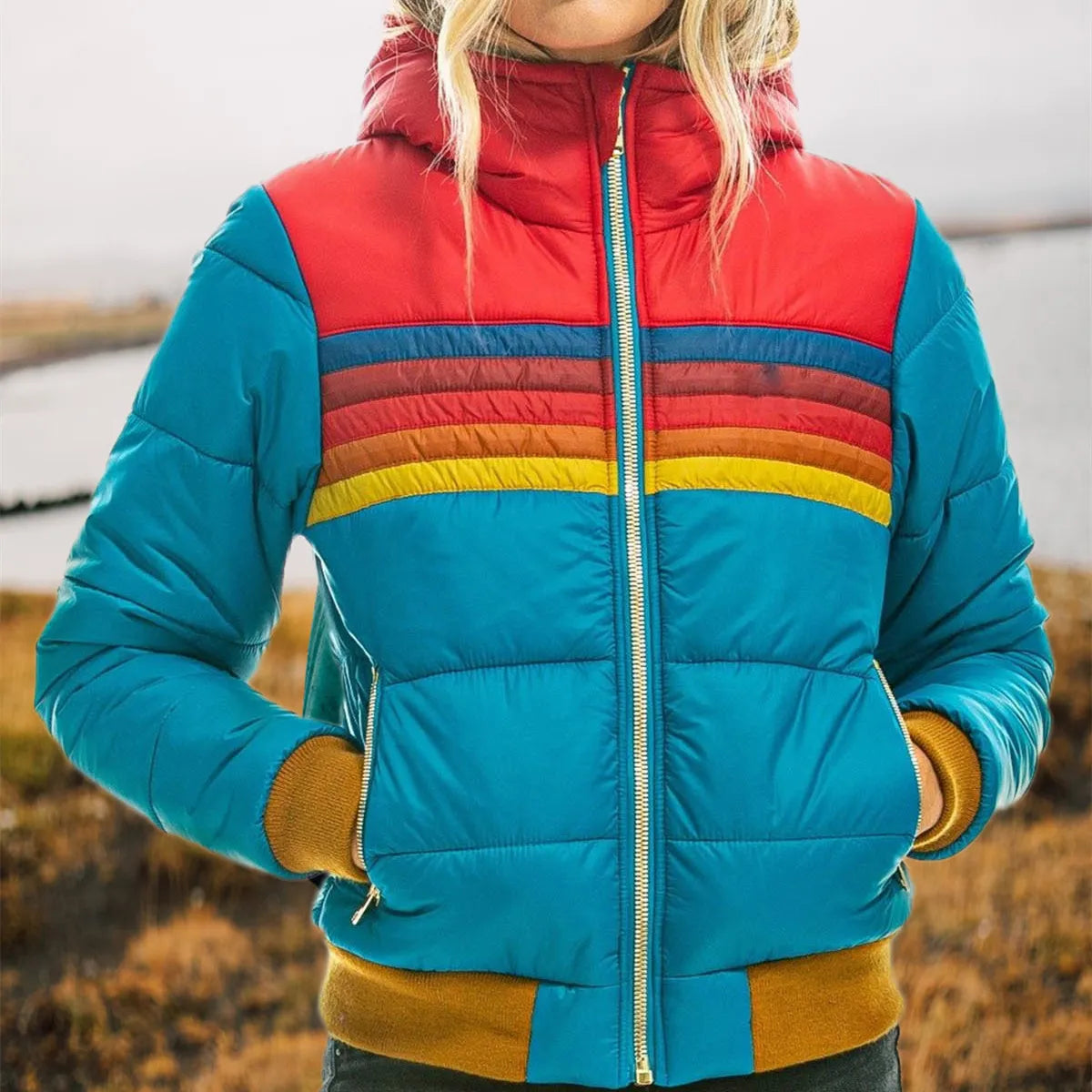 Luxe Women's Puffer Jacket | Insulated Retro Stripe, Hooded Design 6