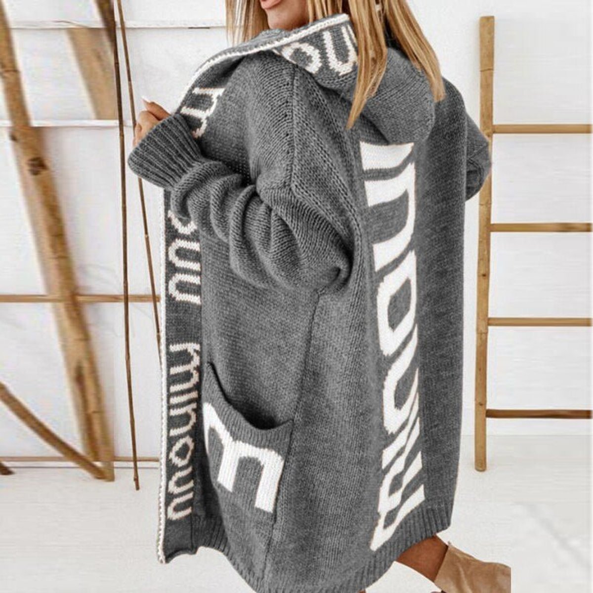 Marlene Women's Hooded Jacket | Soft Knit, Lettering Pattern 4
