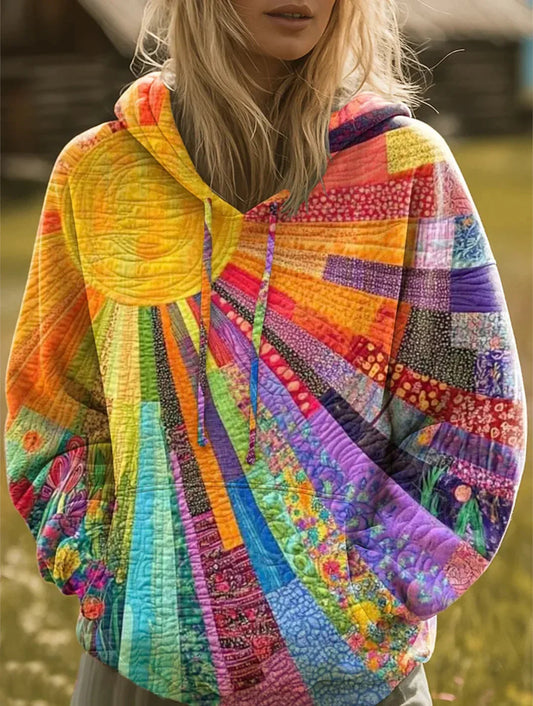Maya Women’s Hoodie with Vibrant Patchwork Sun Design and Relaxed Fit 0