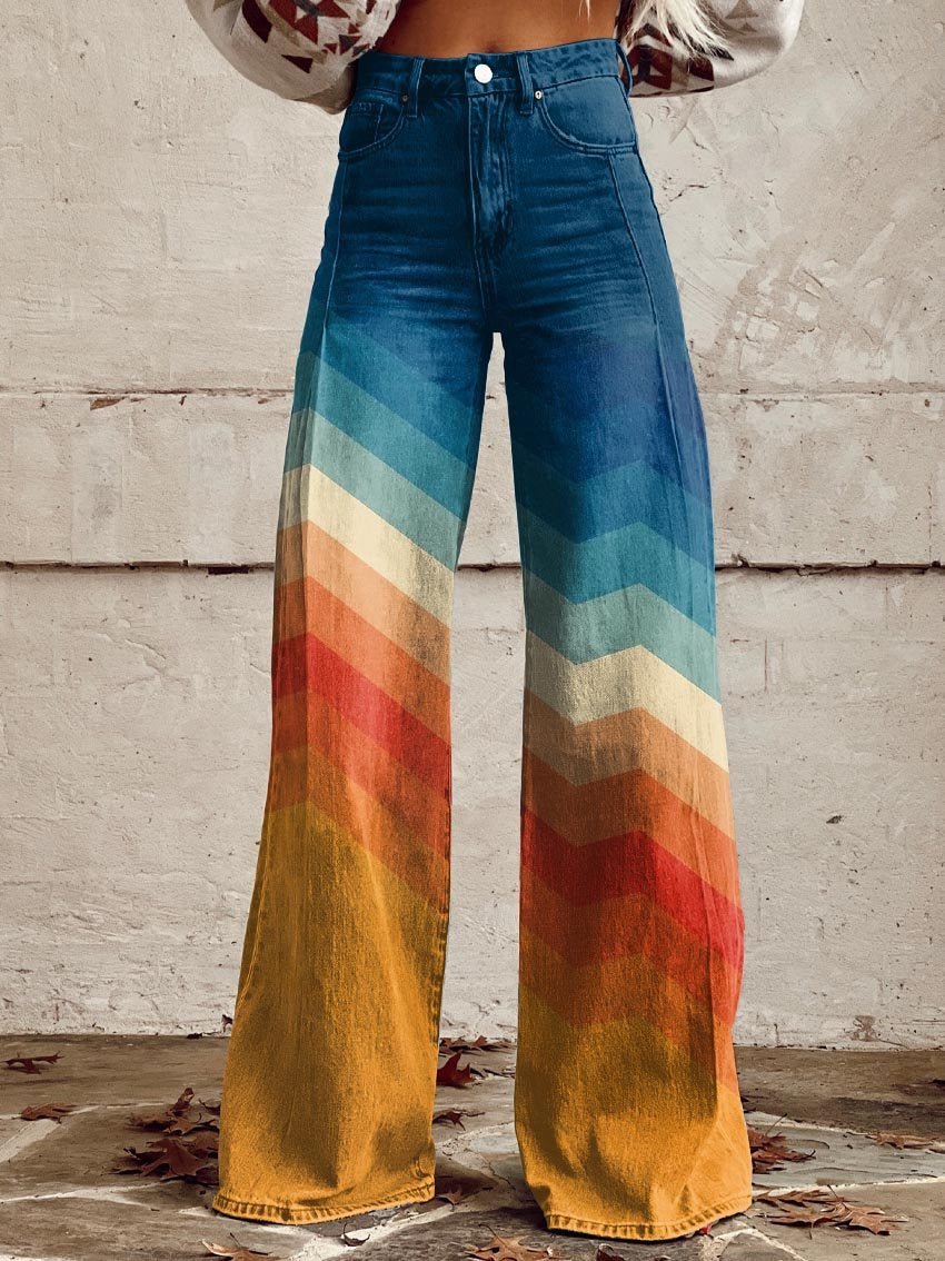 Mia Women’s Wide Leg Jeans with High Waist and Chevron Gradient Pattern 0