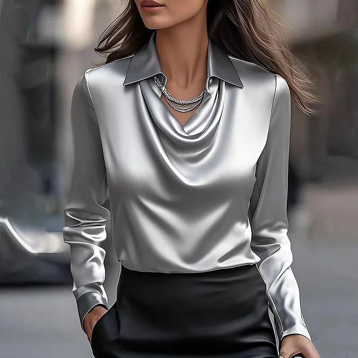 Mira Women’s Blouse with Draped Neckline and Tailored Long Sleeves 2
