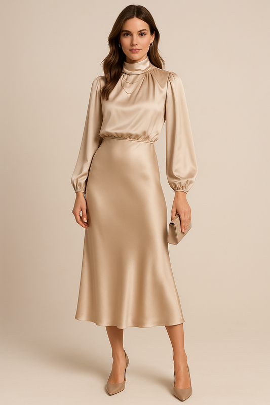 Mira Women’s Midi Dress with Long Sleeves and High Neckline for Formal and Cocktail Occasions 0