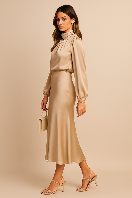 Mira Women’s Midi Dress with Long Sleeves and High Neckline for Formal and Cocktail Occasions 1