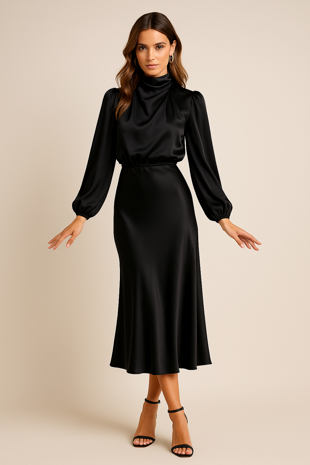 Mira Women’s Midi Dress with Long Sleeves and High Neckline for Formal and Cocktail Occasions 2