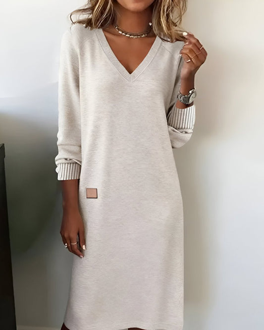 Mira Women’s Midi Dress with V-Neck and Long Sleeves for Formal or Casual Wear 0