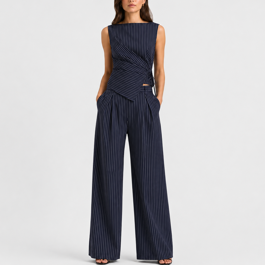 Pinnacle Women's Co Ord Set with Sleeveless Wrap Top and Wide Leg Trousers in Pinstripe 0