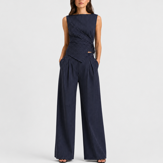 Pinnacle Women's Co Ord Set with Sleeveless Wrap Top and Wide Leg Trousers in Pinstripe 0