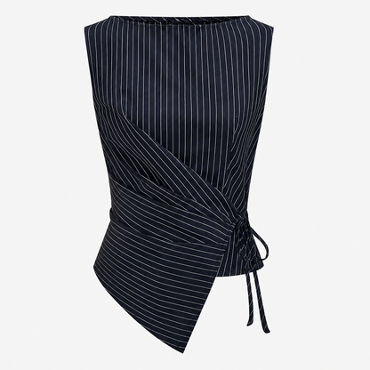 Pinnacle Women's Co Ord Set with Sleeveless Wrap Top and Wide Leg Trousers in Pinstripe 3