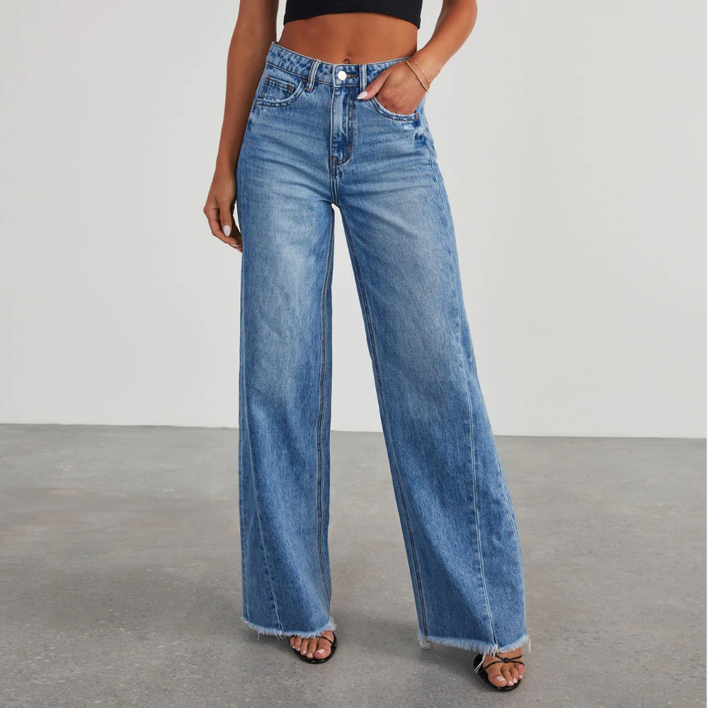 Pura Women’s Straight Jeans with Vintage Washed Denim and Wide Leg Design 0