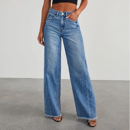 Pura Women’s Straight Jeans with Vintage Washed Denim and Wide Leg Design 0
