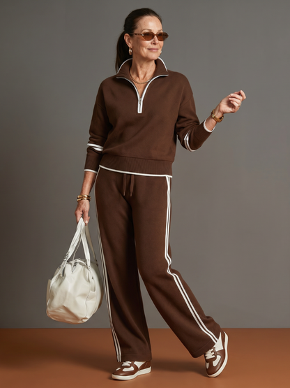 Radiant Women's Lounge Set with Zip Neck Top and Side Stripe Wide Leg Pants 0