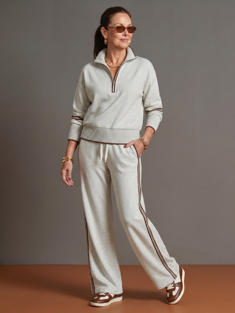 Radiant Women's Lounge Set with Zip Neck Top and Side Stripe Wide Leg Pants 10
