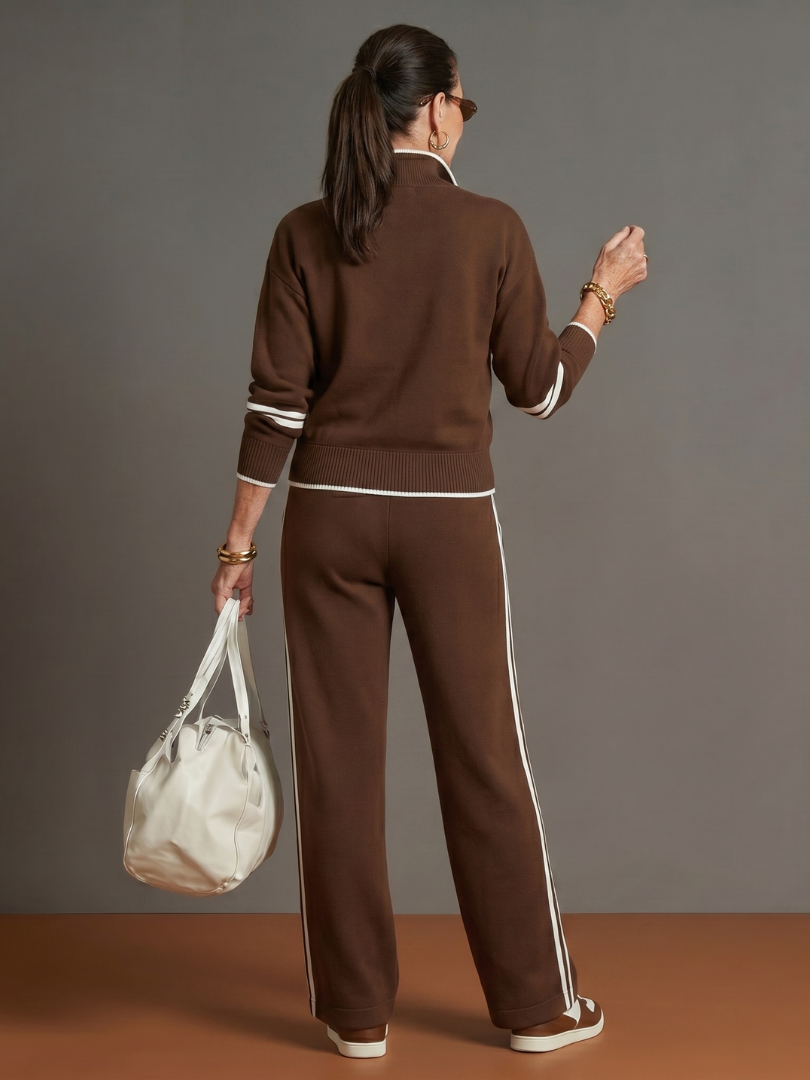 Radiant Women's Lounge Set with Zip Neck Top and Side Stripe Wide Leg Pants 3