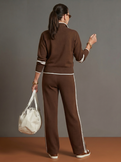 Radiant Women's Lounge Set with Zip Neck Top and Side Stripe Wide Leg Pants 3
