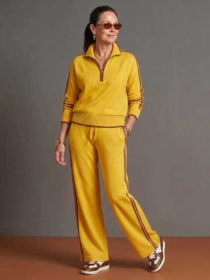 Radiant Women's Lounge Set with Zip Neck Top and Side Stripe Wide Leg Pants 5
