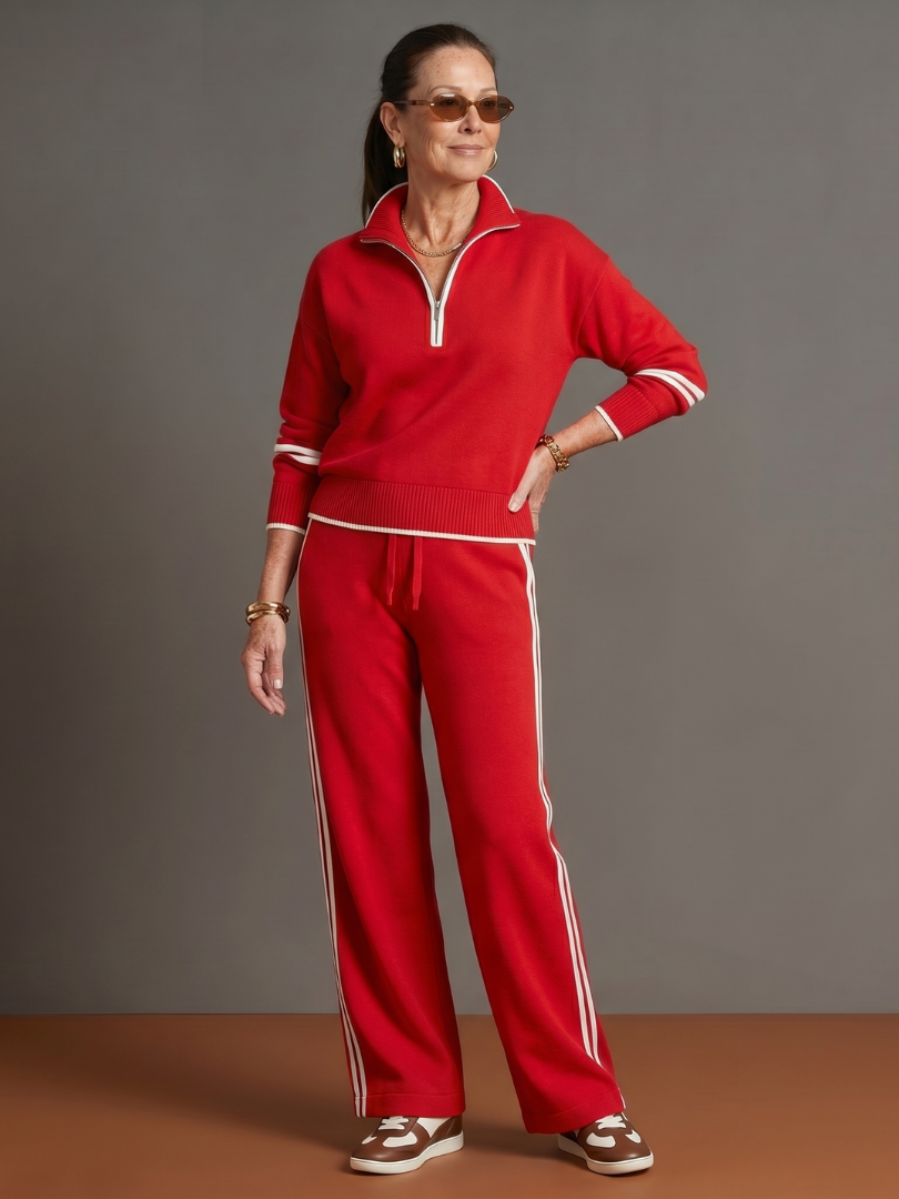 Radiant Women's Lounge Set with Zip Neck Top and Side Stripe Wide Leg Pants 8