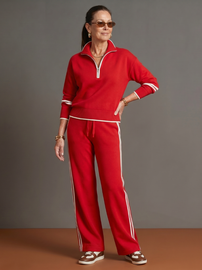 Radiant Women's Lounge Set with Zip Neck Top and Side Stripe Wide Leg Pants 8