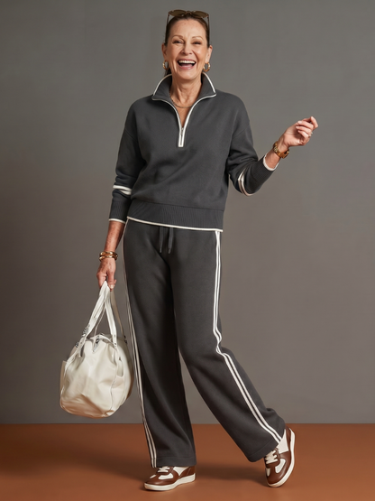 Radiant Women's Lounge Set with Zip Neck Top and Side Stripe Wide Leg Pants 9