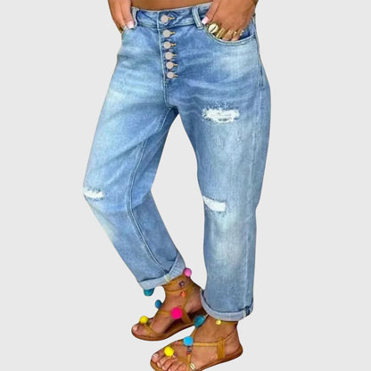 Sable Women’s Boyfriend Jeans with High Waist, Distressed Rips, and Button-Fly Closure 0