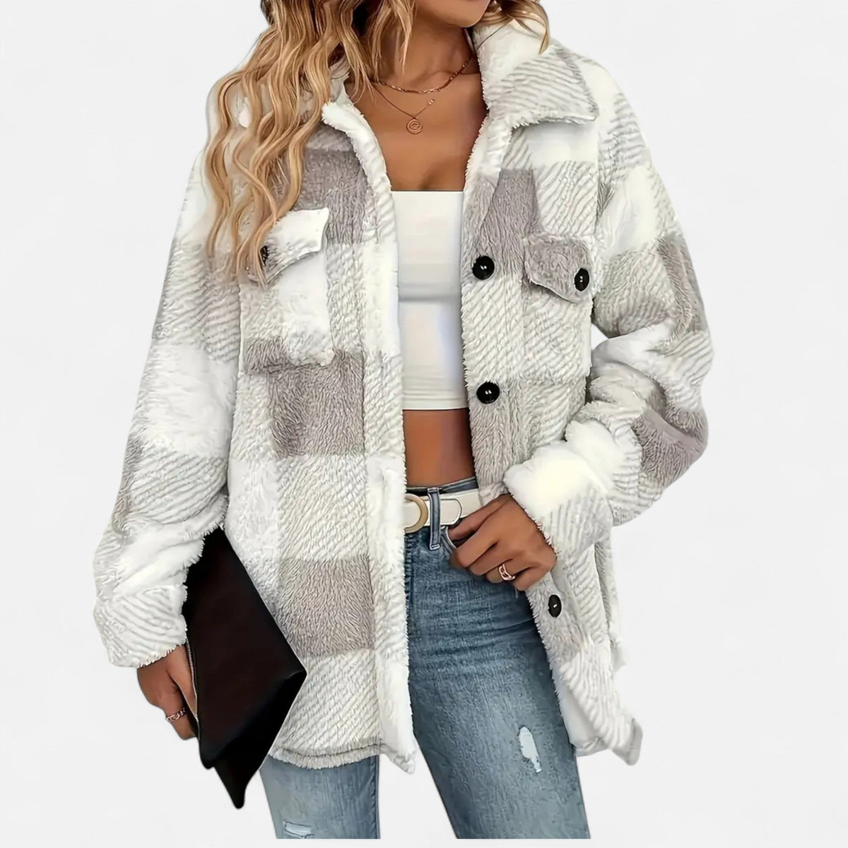 Sable Women's Jacket | Plush Sherpa, Oversized Checkered Winter Coat 3