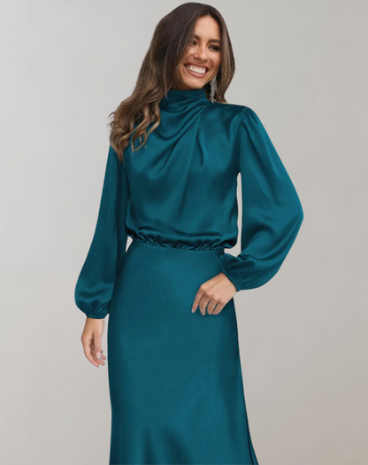 Satinia Women’s Midi Dress with High Neck and Long Sleeves for Elegant Evening Wear 0