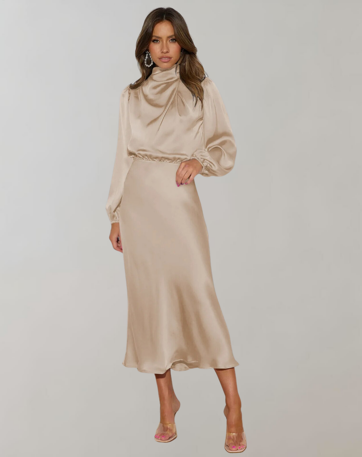Satinia Women’s Midi Dress with High Neck and Long Sleeves for Elegant Evening Wear 4