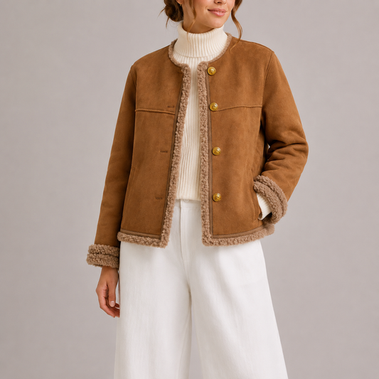 Sela Women's Jacket | Faux Suede with Shearling Trim, Brown 0