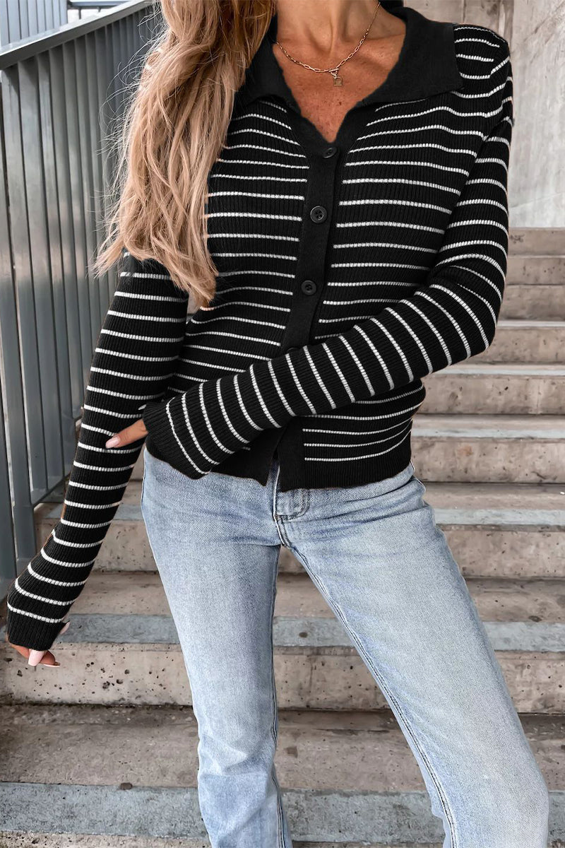 Sela Women's Long Cardigan | Ribbed Knit Striped Polo Collar 1