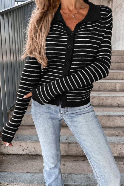 Sela Women's Long Cardigan | Ribbed Knit Striped Polo Collar 1