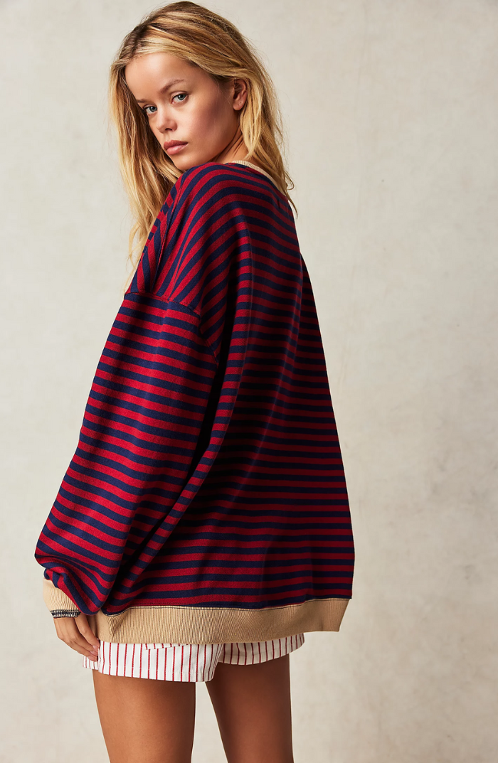 Sela Women’s Oversized Sweatshirt | Striped Balloon Sleeves Relaxed Fit 1
