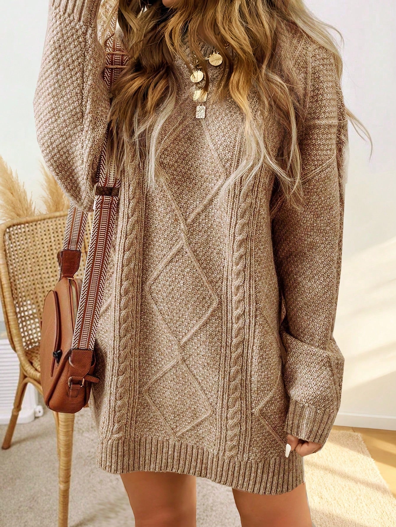 Serena Women’s Sweater Dress with Cable Knit Pattern and Ribbed Cuffs 0