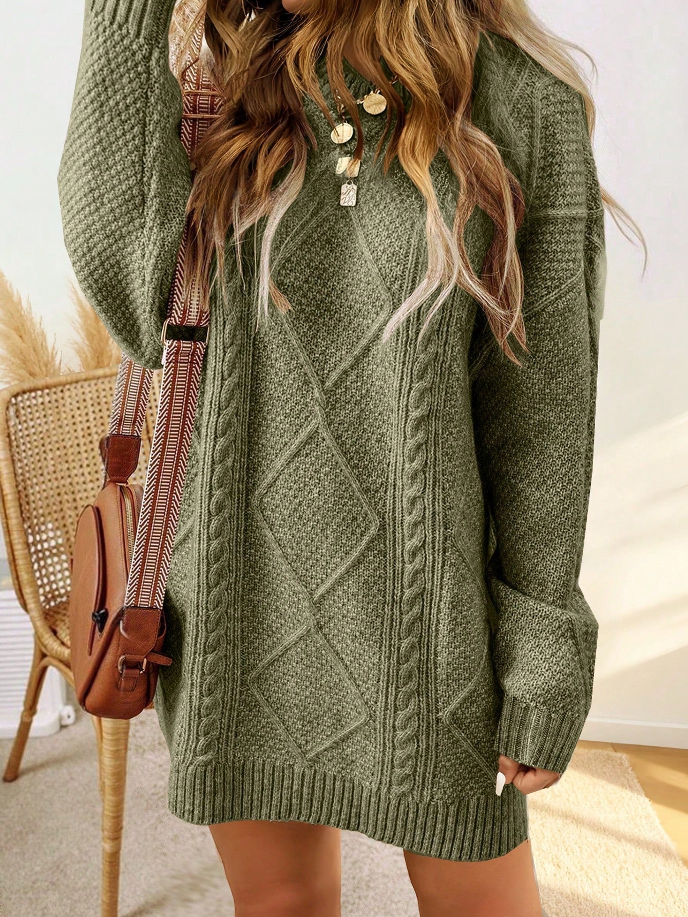 Serena Women’s Sweater Dress with Cable Knit Pattern and Ribbed Cuffs 3