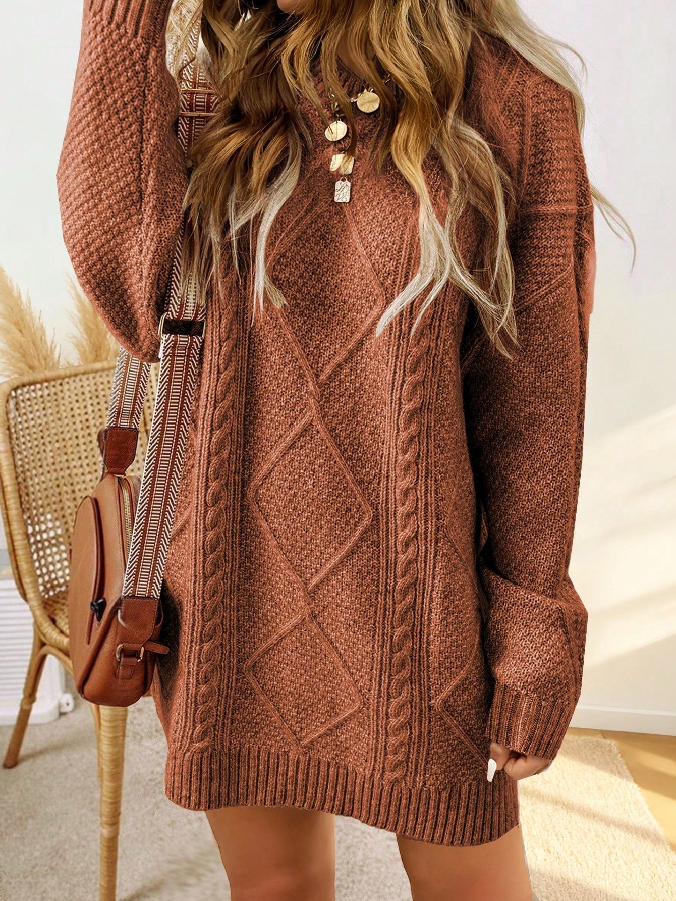 Serena Women’s Sweater Dress with Cable Knit Pattern and Ribbed Cuffs 5