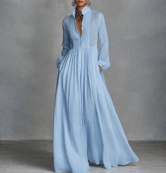Sophie Women’s Maxi Dress with Long Sleeves, Stand-Up Collar, and Side Pockets 0