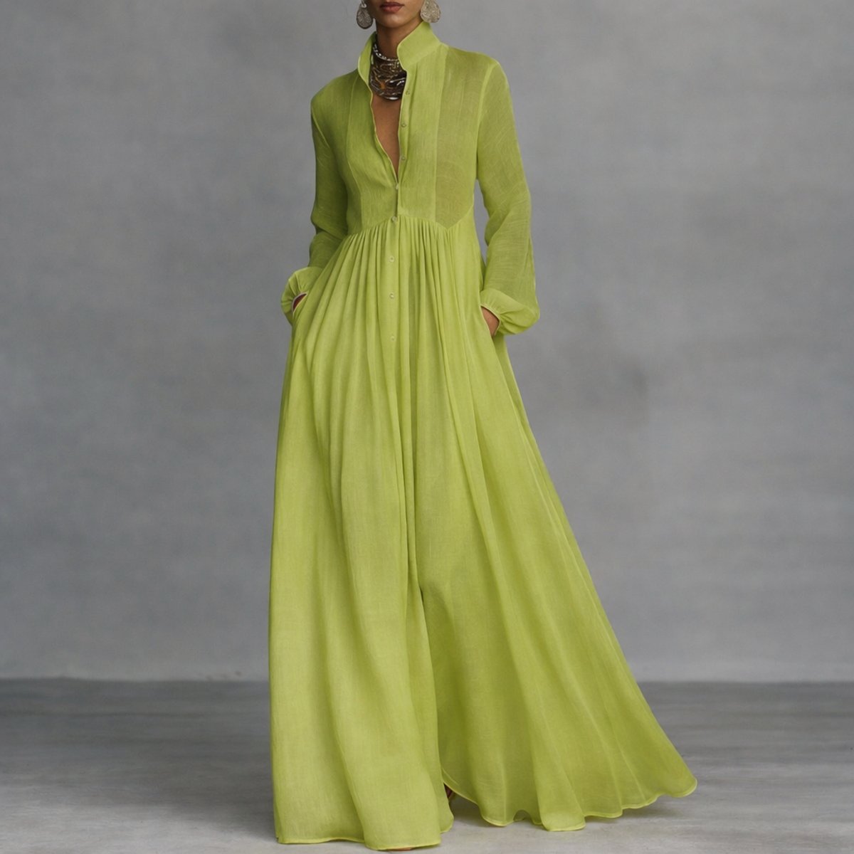 Sophie Women’s Maxi Dress with Long Sleeves, Stand-Up Collar, and Side Pockets 1