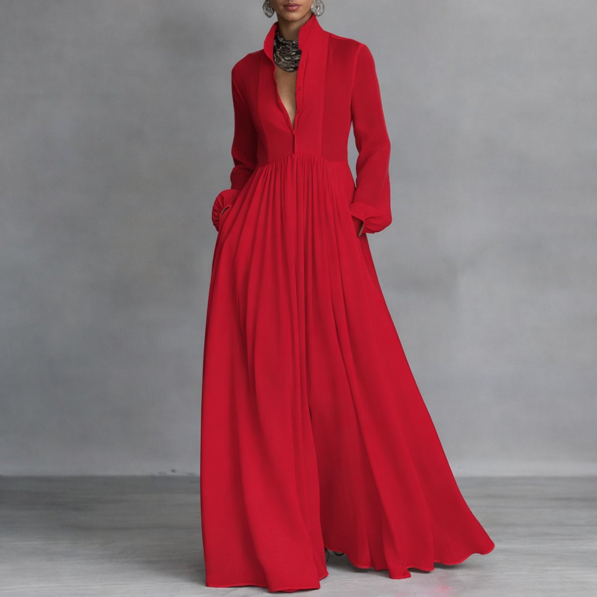 Sophie Women’s Maxi Dress with Long Sleeves, Stand-Up Collar, and Side Pockets 3