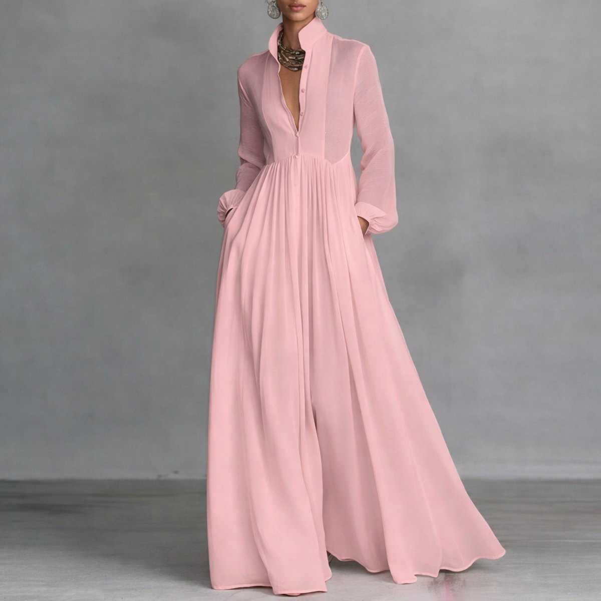 Sophie Women’s Maxi Dress with Long Sleeves, Stand-Up Collar, and Side Pockets 4