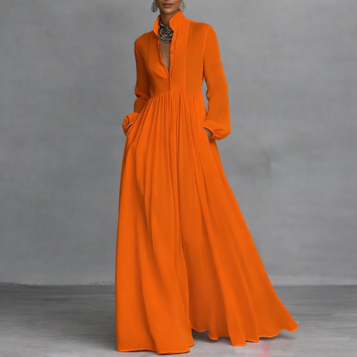 Sophie Women’s Maxi Dress with Long Sleeves, Stand-Up Collar, and Side Pockets 5