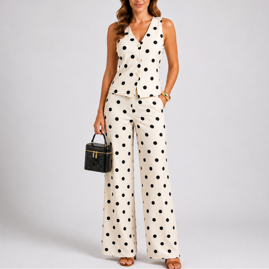 Sora Women's Two Piece Set with Polka Dot Pattern and Wide Leg Trousers 0