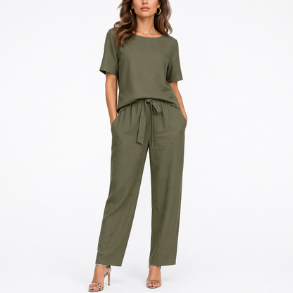 Twila Women's Two Piece Set with Short-Sleeve Top and Adjustable Waist Trousers 0