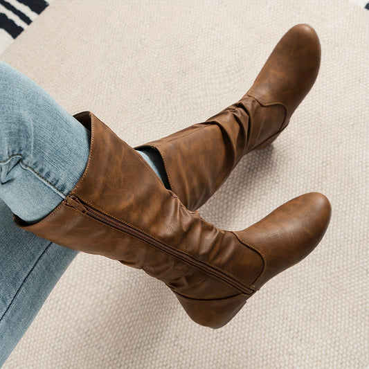 Valdis Women’s Knee High Boots with Gathered Shaft and Side Zip in Brown 1