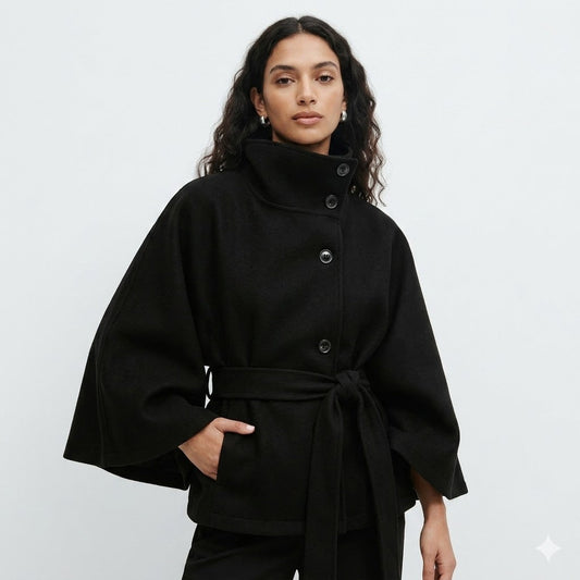 Valentina Women's Cape Coat | Belted Waist, High Neck 0