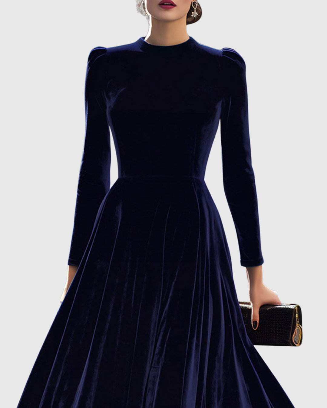 Vela Women's Midi Dress with Elegant Velvet Texture and Long Sleeves 1